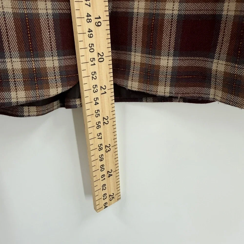 Stooshy Womens Plaid Y2K Short Sleeve Blazer Burgundy Brown Metallic Gold Large - Picture 4 of 12